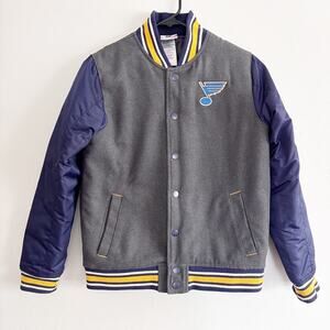 St Louis Blues Hockey Team Letter Jacket Style Youth Gray and Navy Front Snaps